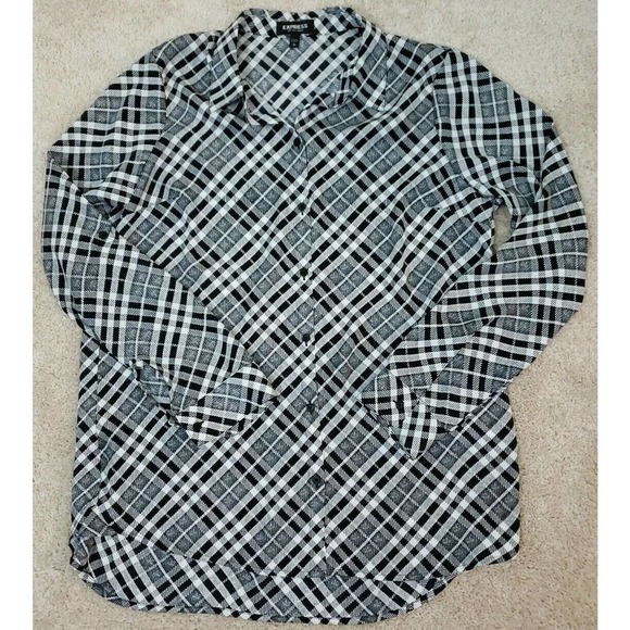Express ~ Woman Size M~ White/Black "The City Shirt" Blouse Roll Tab Sleeve Tap. - Picture 10 of 11
